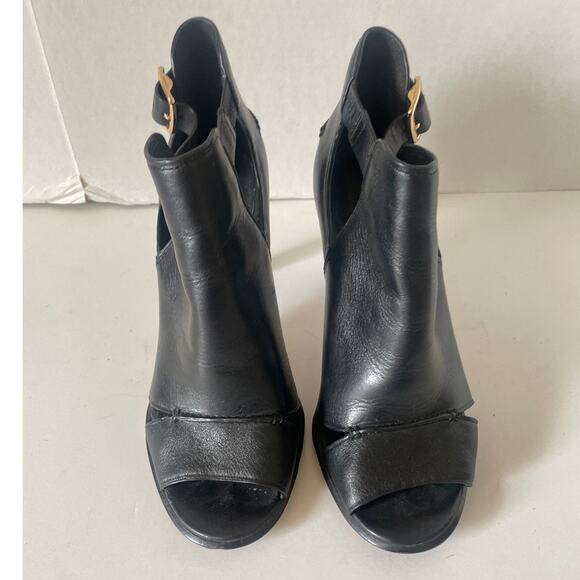 Coach Black Leather Idena Cut Out Open Toe Booties w/ Brown Wood Heel • Size 7 - Picture 3 of 5